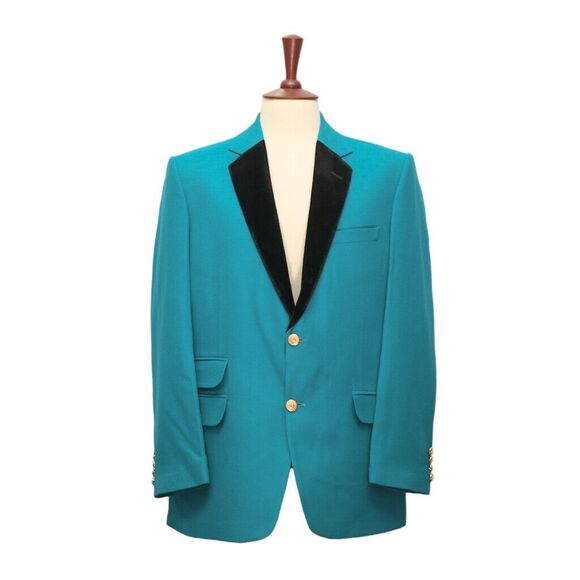 Mens Blazer Turquoise Wool Velvet Formal Tuxedo Jacket Wedding Sport Coat 44R - Picture 1 of 8